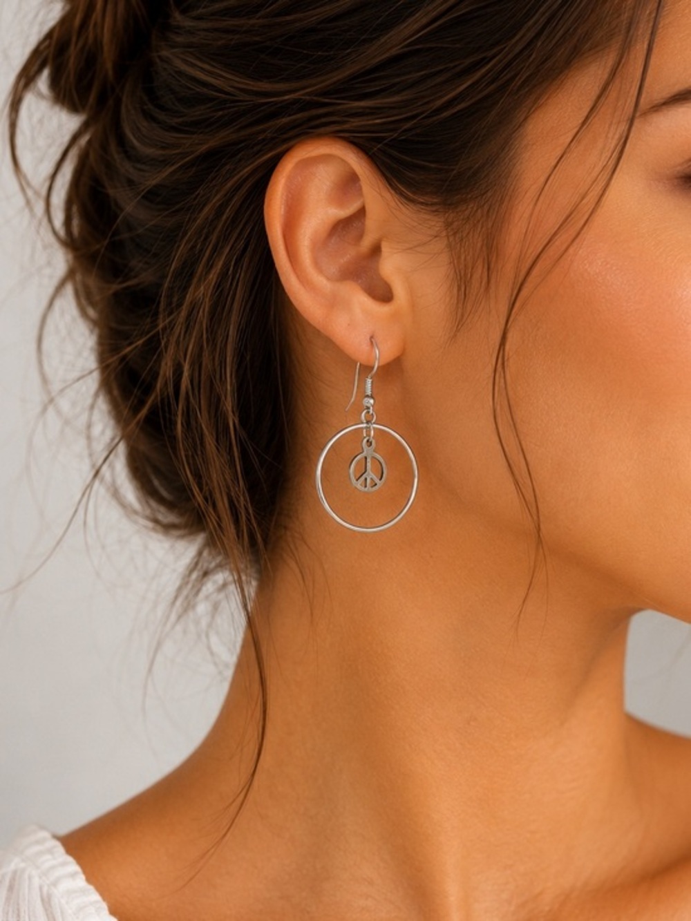 Silver Tone Peace Sign Hoop Dangle Earrings